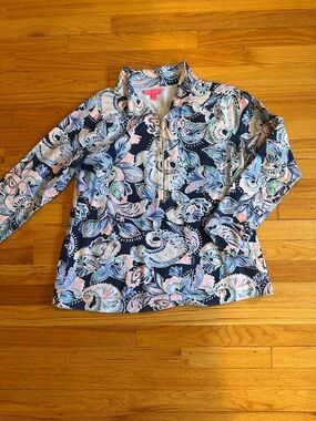Lilly Pulitzer Navy Blue Pullover with Pink and Light Blue Paisley
